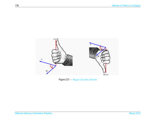 178                                                                                                Vetores no Plano e no Espaco
                                                                                                                             ¸




                                         VxW


                                                                           V
                                                                                         θ



                                                                                     W
                          V


                                     θ

                               W

                                                                                             WxV

                                               Figura 3.21 – Regra da m˜ o direita
                                                                       a




Matrizes Vetores e Geometria Anal´tica
                                 ı                                                                                 Marco 2012
                                                                                                                      ¸
 