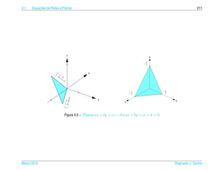 4.1       ¸˜
      Equacoes de Retas e Planos                                                                                  211




                                    z
                                                                                      z

                                                                                 −d
                                                                                  c



                                              y
                         x
                       by = 0
                         +c ,
                           z=
                                0




                                                                         −d                   −d
                                                                                               b
                                                                          a
                                        =0




                                                    x                                              y
                                       ,
                                      y
                                 z=0




                                                                     x
                                ax +b




                                Figura 4.5 – Planos ax + by + cz = 0 e ax + by + cz + d = 0




Marco 2012
   ¸                                                                                               Reginaldo J. Santos
 