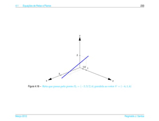 4.1       ¸˜
      Equacoes de Retas e Planos                                                                                233




                                                           z




                                                       2




                                                               1/2
                                                                     1

                                       3


                            x                                                         y

             Figura 4.18 – Reta que passa pelo ponto P0 = (−3, 3/2, 4) paralela ao vetor V = (−6, 1, 4)




Marco 2012
   ¸                                                                                             Reginaldo J. Santos
 