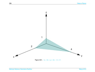 236                                                                                   Retas e Planos




                                                        z




                                                  1



                                    2
                                                                                  4

                                                                                            y
      x
                                         Figura 4.20 – π1 : 2x + y + 4z − 4 = 0




Matrizes Vetores e Geometria Anal´tica
                                 ı                                                       Marco 2012
                                                                                            ¸
 