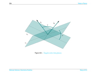 254                                                                                   Retas e Planos




                                                N1
                                                                   N2
                                                          θ




                            π2
                                                                                  θ




                         π1




                                                       ˆ
                                         Figura 4.25 – Angulo entre dois planos




Matrizes Vetores e Geometria Anal´tica
                                 ı                                                       Marco 2012
                                                                                            ¸
 