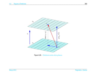 4.2   ˆ
      Angulos e Distˆ ncias
                    a                                                                                         263




                                   π2
                                                                  P2




                                                       dist(π1 , π2 )




                                                                               proj N1 P1 P2
                                                                          −→
                              N1




                                   π1

                                                                                P1




                                        Figura 4.28 – Distˆ ncia entre dois planos
                                                          a




Marco 2012
   ¸                                                                                           Reginaldo J. Santos
 