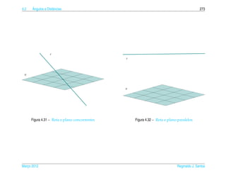 4.2   ˆ
      Angulos e Distˆ ncias
                    a                                                                        273




                  r
                                                r




 π



                                                π




      Figura 4.31 – Reta e plano concorrentes       Figura 4.32 – Reta e plano paralelos




Marco 2012
   ¸                                                                          Reginaldo J. Santos
 