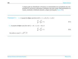 290                                                                                               ¸˜
                                                                                                Secoes Cˆ nicas
                                                                                                        o


                              A elipse pode ser desenhada se ﬁxarmos as extremidades de um barbante de com-
                              primento 2a nos focos e esticarmos o barbante com uma caneta. Movimentando-se a
                              caneta, mantendo o barbante esticado, a elipse ser´ tracada (Figura 5.1).
                                                                                a    ¸




       ¸˜
Proposicao 5.1.      (a) A equa¸ ao da elipse cujos focos s˜ o F1 = (−c, 0) e F2 = (c, 0) e
                               c˜                          a                              ´

                                                         x2   y2
                                                           2
                                                             + 2 = 1,                                     (5.1)
                                                         a    b

  (b) A equa¸ ao da elipse cujos focos s˜ o F1 = (0, −c) e F2 = (0, c) e
            c˜                          a                              ´

                                                         x2  y2
                                                            + 2 = 1.                                      (5.2)
                                                         b2  a
                              √
      Em ambos os casos b =       a2 − c2 .




Matrizes Vetores e Geometria Anal´tica
                                 ı                                                                  Marco 2012
                                                                                                       ¸
 
