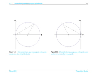5.2                             ¸˜
      Coordenadas Polares e Equacoes Param´ tricas
                                          e                                                                 333




      y                                                                                         y

                                                                       P
                                      P



                       r
                                                                                    r




                                                                                                    θ
             θ

                           C                    x                               C                       x




Figura 5.34 – Circunferˆ ncia que passa pelo polo com
                       e                                Figura 5.35 – Circunferˆ ncia que passa pelo polo com
                                                                               e
                      `
centro no eixo polar a direita                                                `
                                                        centro no eixo polar a esquerda




Marco 2012
   ¸                                                                                       Reginaldo J. Santos
 