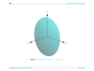 360                                                                                                    Superf´cies e Curvas no Espaco
                                                                                                             ı                     ¸




                                                           z




                               x                                                                   y




                                                                       x2       y2       z2
                                                                 ¸˜
                                   Figura 6.1 – Elipsoide de equacao   a2
                                                                            +   b2
                                                                                     +   c2
                                                                                              =1




Matrizes Vetores e Geometria Anal´tica
                                 ı                                                                                       Marco 2012
                                                                                                                            ¸
 