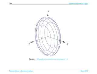 364                                                                                        Superf´cies e Curvas no Espaco
                                                                                                 ı                     ¸



                                                          z




                               x                                                      y




                                Figura 6.4 – Elipsoide e intersecoes com os planos x = k
                                                                ¸˜




Matrizes Vetores e Geometria Anal´tica
                                 ı                                                                           Marco 2012
                                                                                                                ¸
 