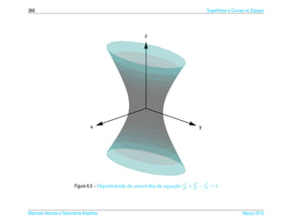 366                                                                                             Superf´cies e Curvas no Espaco
                                                                                                      ı                     ¸




                                                         z




                                  x                                                        y




                                                                             x2       y2       z2
                                                                       ¸˜
                         Figura 6.5 – Hiperboloide de uma folha de equacao   a2
                                                                                  +   b2
                                                                                           −   c2
                                                                                                    =1




Matrizes Vetores e Geometria Anal´tica
                                 ı                                                                                Marco 2012
                                                                                                                     ¸
 