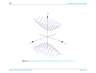 374                                                                                   Superf´cies e Curvas no Espaco
                                                                                            ı                     ¸




                                                        z




                                  x                                              y




                    Figura 6.11 – Hiperboloide de duas folhas e intersecoes com os planos y = k
                                                                       ¸˜




Matrizes Vetores e Geometria Anal´tica
                                 ı                                                                      Marco 2012
                                                                                                           ¸
 