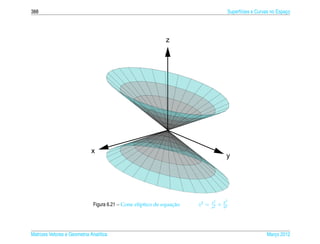 388                                                                                         Superf´cies e Curvas no Espaco
                                                                                                  ı                     ¸




                                                             z




                              x
                                                                                        y




                                                                              x2       y2
                                                                 ¸˜
                              Figura 6.21 – Cone el´ptico de equacao
                                                   ı                   z2 =   a2
                                                                                   +   b2




Matrizes Vetores e Geometria Anal´tica
                                 ı                                                                            Marco 2012
                                                                                                                 ¸
 