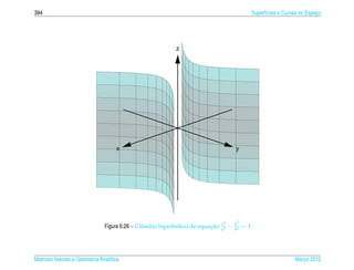 394                                                                                               Superf´cies e Curvas no Espaco
                                                                                                        ı                     ¸




                                                           z




                                    x                                                   y




                                                                               x2       y2
                                                            ´            ¸˜
                               Figura 6.26 – Cilindro hiperbolico de equacao   a2
                                                                                    −   b2
                                                                                             =1




Matrizes Vetores e Geometria Anal´tica
                                 ı                                                                                  Marco 2012
                                                                                                                       ¸
 