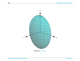 442                                                                    Superf´cies e Curvas no Espaco
                                                                             ı                     ¸




                                                   z




                               x                                   y




                                         Figura 6.52 – Elipsoide




Matrizes Vetores e Geometria Anal´tica
                                 ı                                                       Marco 2012
                                                                                            ¸
 