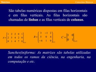 Matrizes Conceitos Básicos
São tabelas numéricas dispostas em filas horizontais
e em filas verticais. As filas horizontais são
chamadas de linhas e as filas verticais de colunas.
Sanches(in)forma: As matrizes são tabelas utilizadas
em todos os ramos da ciência, na engenharia, na
computação e etc.
53
87410
02452
10221
x
A










=
33
016
405
213
x
B










−
−
=
22
10
01
x
C =
 