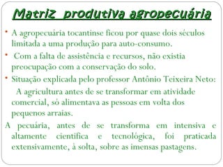 Matriz produtiva agropecuáriaMatriz produtiva agropecuária
• A agropecuária tocantinse ficou por quase dois séculos
limitada a uma produção para auto-consumo.
• Com a falta de assistência e recursos, não existia
preocupação com a conservação do solo.
• Situação explicada pelo professor Antônio Teixeira Neto:
A agricultura antes de se transformar em atividade
comercial, só alimentava as pessoas em volta dos
pequenos arraias.
A pecuária, antes de se transforma em intensiva e
altamente cientifica e tecnológica, foi praticada
extensivamente, à solta, sobre as imensas pastagens.
 