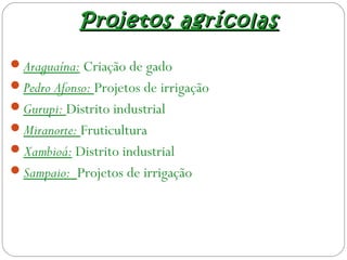 Projetos agrícolasProjetos agrícolas
Araguaína: Criação de gado
Pedro Afonso: Projetos de irrigação
Gurupi: Distrito industrial
Miranorte: Fruticultura
Xambioá: Distrito industrial
Sampaio: Projetos de irrigação
 