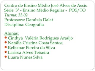 Centro de Ensino Médio José Alves de Assis
Série: 3ª - Ensino Médio Regular - POS/TO
Turma: 33.02
Professora: Danúzia Dalat
Disciplina: Geografia
Alunas:
Cinthya Valéria Rodrigues Araújo
Natália Cristina Costa Santos
Kelismar Pereira da Silva
Larissa Alves Teixeira
Luara Nunes Silva
 