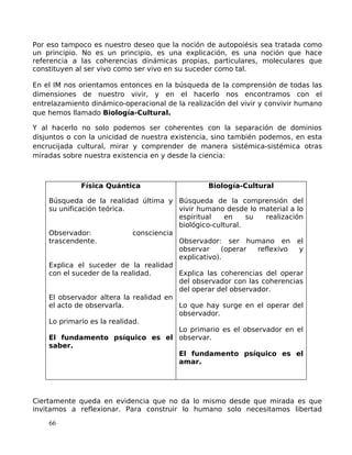 Por eso tampoco es nuestro deseo que la noción de autopoiésis sea tratada como
un principio. No es un principio, es una explicación, es una noción que hace
referencia a las coherencias dinámicas propias, particulares, moleculares que
constituyen al ser vivo como ser vivo en su suceder como tal.
En el IM nos orientamos entonces en la búsqueda de la comprensión de todas las
dimensiones de nuestro vivir, y en el hacerlo nos encontramos con el
entrelazamiento dinámico-operacional de la realización del vivir y convivir humano
que hemos llamado Biología-Cultural.
Y al hacerlo no solo podemos ser coherentes con la separación de dominios
disjuntos o con la unicidad de nuestra existencia, sino también podemos, en esta
encrucijada cultural, mirar y comprender de manera sistémica-sistémica otras
miradas sobre nuestra existencia en y desde la ciencia:
Física Quántica
Búsqueda de la realidad última y
su unificación teórica.
Observador: consciencia
trascendente.
Explica el suceder de la realidad
con el suceder de la realidad.
El observador altera la realidad en
el acto de observarla.
Lo primario es la realidad.
El fundamento psíquico es el
saber.
Biología-Cultural
Búsqueda de la comprensión del
vivir humano desde lo material a lo
espiritual en su realización
biológico-cultural.
Observador: ser humano en el
observar (operar reflexivo y
explicativo).
Explica las coherencias del operar
del observador con las coherencias
del operar del observador.
Lo que hay surge en el operar del
observador.
Lo primario es el observador en el
observar.
El fundamento psíquico es el
amar.
Ciertamente queda en evidencia que no da lo mismo desde que mirada es que
invitamos a reflexionar. Para construir lo humano solo necesitamos libertad
66
 
