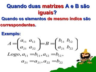 Quando duas  matrizes  A e B são  iguais ?  Quando os elementos  de mesmo índice  são correspondentes .   Exemplo: 
