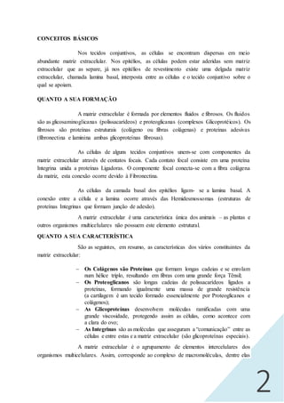 2
CONCEITOS BÁSICOS
Nos tecidos conjuntivos, as células se encontram dispersas em meio
abundante matriz extracelular. Nos epitélios, as células podem estar aderidas sem matriz
extracelular que as separe, já nos epitélios de revestimento existe uma delgada matriz
extracelular, chamada lamina basal, interposta entre as células e o tecido conjuntivo sobre o
qual se apoiam.
QUANTO A SUA FORMAÇÃO
A matriz extracelular é formada por elementos fluidos e fibrosos. Os fluidos
são as glicosaminoglicanas (polissacarídeos) e proteoglicanas (complexos Glicoprotéicos). Os
fibrosos são proteínas estruturais (colágeno ou fibras colágenas) e proteínas adesivas
(fibronectina e laminina ambas glicoproteínas fibrosas).
As células de alguns tecidos conjuntivos unem-se com componentes da
matriz extracelular através de contatos focais. Cada contato focal consiste em uma proteína
Integrina unida a proteínas Ligadoras. O componente focal conecta-se com a fibra colágena
da matriz, esta conexão ocorre devido à Fibronectina.
As células da camada basal dos epitélios ligam- se a lamina basal. A
conexão entre a célula e a lamina ocorre através das Hemidesmossomas (estruturas de
proteínas Integrinas que formam junção de adesão).
A matriz extracelular é uma característica única dos animais – as plantas e
outros organismos multicelulares não possuem este elemento estrutural.
QUANTO A SUA CARACTERÍSTICA
São as seguintes, em resumo, as características dos vários constituintes da
matriz extracelular:
 Os Colágenos são Proteínas que formam longas cadeias e se enrolam
num hélice triplo, resultando em fibras com uma grande força Tênsil;
 Os Proteoglicanos são longas cadeias de polissacarídeos ligados a
proteínas, formando igualmente uma massa de grande resistência
(a cartilagem é um tecido formado essencialmente por Proteoglicanos e
colágenos);
 As Glicoproteínas desenvolvem moléculas ramificadas com uma
grande viscosidade, protegendo assim as células, como acontece com
a clara do ovo;
 As Integrinas são as moléculas que asseguram a “comunicação” entre as
células e entre estas e a matriz extracelular (são glicoproteínas especiais).
A matriz extracelular é o agrupamento de elementos intercelulares dos
organismos multicelulares. Assim, corresponde ao complexo de macromoléculas, dentre elas
 