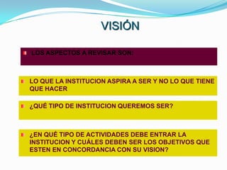 VISIÓN

LOS ASPECTOS A REVISAR SON:



LO QUE LA INSTITUCION ASPIRA A SER Y NO LO QUE TIENE
QUE HACER

¿QUÉ TIPO DE INSTITUCION QUEREMOS SER?



¿EN QUÉ TIPO DE ACTIVIDADES DEBE ENTRAR LA
INSTITUCION Y CUÁLES DEBEN SER LOS OBJETIVOS QUE
ESTEN EN CONCORDANCIA CON SU VISION?
 