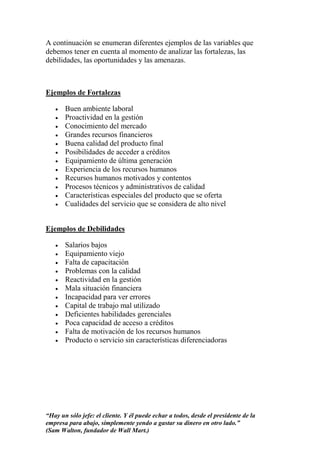 A continuación se enumeran diferentes ejemplos de las variables que
debemos tener en cuenta al momento de analizar las fortalezas, las
debilidades, las oportunidades y las amenazas.



Ejemplos de Fortalezas

       Buen ambiente laboral
       Proactividad en la gestión
       Conocimiento del mercado
       Grandes recursos financieros
       Buena calidad del producto final
       Posibilidades de acceder a créditos
       Equipamiento de última generación
       Experiencia de los recursos humanos
       Recursos humanos motivados y contentos
       Procesos técnicos y administrativos de calidad
       Características especiales del producto que se oferta
       Cualidades del servicio que se considera de alto nivel


Ejemplos de Debilidades

       Salarios bajos
       Equipamiento viejo
       Falta de capacitación
       Problemas con la calidad
       Reactividad en la gestión
       Mala situación financiera
       Incapacidad para ver errores
       Capital de trabajo mal utilizado
       Deficientes habilidades gerenciales
       Poca capacidad de acceso a créditos
       Falta de motivación de los recursos humanos
       Producto o servicio sin características diferenciadoras




“Hay un sólo jefe: el cliente. Y él puede echar a todos, desde el presidente de la
empresa para abajo, simplemente yendo a gastar su dinero en otro lado.”
(Sam Walton, fundador de Wall Mart.)
 