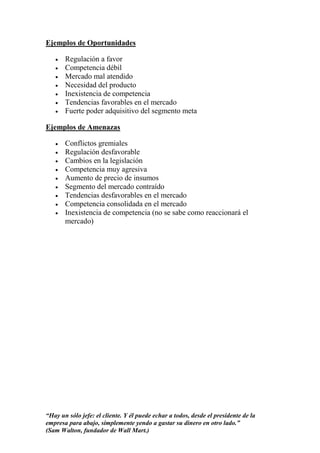 Ejemplos de Oportunidades

       Regulación a favor
       Competencia débil
       Mercado mal atendido
       Necesidad del producto
       Inexistencia de competencia
       Tendencias favorables en el mercado
       Fuerte poder adquisitivo del segmento meta

Ejemplos de Amenazas

       Conflictos gremiales
       Regulación desfavorable
       Cambios en la legislación
       Competencia muy agresiva
       Aumento de precio de insumos
       Segmento del mercado contraído
       Tendencias desfavorables en el mercado
       Competencia consolidada en el mercado
       Inexistencia de competencia (no se sabe como reaccionará el
       mercado)




“Hay un sólo jefe: el cliente. Y él puede echar a todos, desde el presidente de la
empresa para abajo, simplemente yendo a gastar su dinero en otro lado.”
(Sam Walton, fundador de Wall Mart.)
 