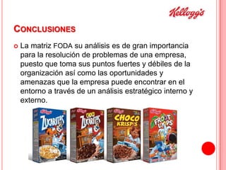 CONCLUSIONES


La matriz FODA su análisis es de gran importancia
para la resolución de problemas de una empresa,
puesto que toma sus puntos fuertes y débiles de la
organización así como las oportunidades y
amenazas que la empresa puede encontrar en el
entorno a través de un análisis estratégico interno y
externo.

 
