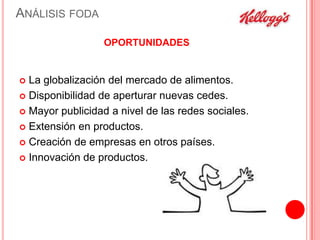 ANÁLISIS FODA
OPORTUNIDADES

La globalización del mercado de alimentos.
 Disponibilidad de aperturar nuevas cedes.
 Mayor publicidad a nivel de las redes sociales.
 Extensión en productos.
 Creación de empresas en otros países.
 Innovación de productos.


 