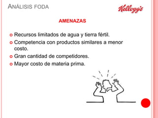 ANÁLISIS FODA
AMENAZAS

Recursos limitados de agua y tierra fértil.
 Competencia con productos similares a menor
costo.
 Gran cantidad de competidores.
 Mayor costo de materia prima.


 