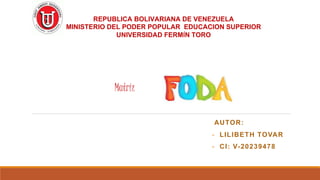 Matríz
AUTOR:
- LILIBETH TOVAR
- CI: V-20239478
REPUBLICA BOLIVARIANA DE VENEZUELA
MINISTERIO DEL PODER POPULAR EDUCACION SUPERIOR
UNIVERSIDAD FERMÍN TORO
 