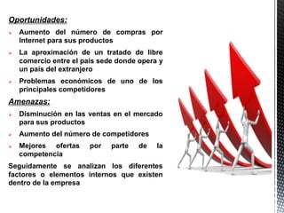 Oportunidades:
 Aumento del número de compras por
Internet para sus productos
 La aproximación de un tratado de libre
comercio entre el país sede donde opera y
un país del extranjero
 Problemas económicos de uno de los
principales competidores
Amenazas:
 Disminución en las ventas en el mercado
para sus productos
 Aumento del número de competidores
 Mejores ofertas por parte de la
competencia
Seguidamente se analizan los diferentes
factores o elementos internos que existen
dentro de la empresa
 