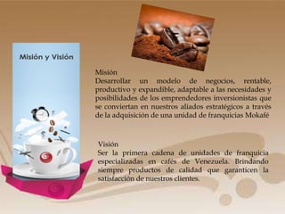 Misión
Desarrollar un modelo de negocios, rentable,
productivo y expandible, adaptable a las necesidades y
posibilidades de los emprendedores inversionistas que
se conviertan en nuestros aliados estratégicos a través
de la adquisición de una unidad de franquicias Mokafé
Visión
Ser la primera cadena de unidades de franquicia
especializadas en cafés de Venezuela. Brindando
siempre productos de calidad que garanticen la
satisfacción de nuestros clientes.
 