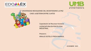 “UNIVERSIDAD MEXIQUENSE DEL BICENTENARIO LA PAZ
CASO JUGETERIA ENTRE CUATES
Capacitación de Recursos Humanos
LICENCIATURA EN PSICOLOGIA
INDUSTRIAL
PRESENTA:
ARAUJO SOTELO FRIDA MARISOL
DICIEMBRE 2020
 
