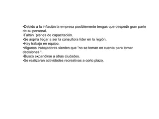 •Debido a la inflación la empresa posiblemente tengas que despedir gran parte
de su personal.
•Faltan `planes de capacitación.
•Se aspira llegar a ser la consultora líder en la región.
•Hay trabajo en equipo.
•Algunos trabajadores sienten que “no se toman en cuenta para tomar
decisiones “.
•Busca expandirse a otras ciudades.
•Se realizaran actividades recreativas a corto plazo.
 