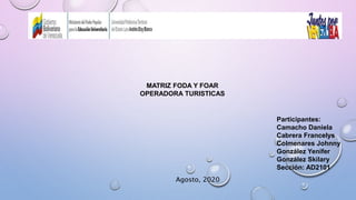 Participantes:
Camacho Daniela
Cabrera Francelys
Colmenares Johnny
González Yenifer
González Skilary
Sección: AD2101
MATRIZ FODA Y FOAR
OPERADORA TURISTICAS
Agosto, 2020
 