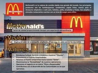 McDonald's es la cadena de comida rápida mas grande del mundo. Sus principales
productos son las hamburguesas, sandwiches, papas fritas, menús para el
desayuno adaptados a cada país, bebidas, pollo, ensaladas y frutas. Sus amplios y
cómodos restaurantes cuentan con un área de juegos para niños.
Servir de calidad proporcionando siempre una experiencia extraordinaria.
Duplicar el valor de la compañía ampliando el liderazgo en cada uno de los mercados.
• Brindamos Calidad, Servicio y Limpieza a nuestros "Clientes".
• Promovemos el Espíritu Emprendedor.
• Tenemos un fuerte compromiso hacia nuestra "Gente".
• Maximizamos la "Rentabilidad" de nuestras operaciones.
• Operamos el negocio en un marco "Ético y Responsable"
• Contribuimos con el desarrollo de las Comunidades en las que
operamos.
 