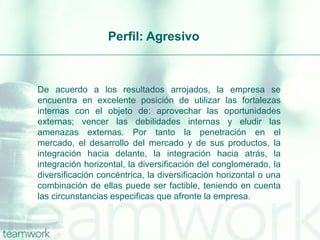 De acuerdo a los resultados arrojados, la empresa se
encuentra en excelente posición de utilizar las fortalezas
internas con el objeto de: aprovechar las oportunidades
externas; vencer las debilidades internas y eludir las
amenazas externas. Por tanto la penetración en el
mercado, el desarrollo del mercado y de sus productos, la
integración hacia delante, la integración hacia atrás, la
integración horizontal, la diversificación del conglomerado, la
diversificación concéntrica, la diversificación horizontal o una
combinación de ellas puede ser factible, teniendo en cuenta
las circunstancias especificas que afronte la empresa.
Perfil: Agresivo
 