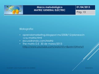 25/05/2014ELABORÓ: LUNA PLATA MARÍA DE LOURDES
Marco metodológico
MATRIZ GENERAL ELECTRIC
01/04/2013
Pág. 13
Bibliografía:
• aprendamarketing.blogspot.mx/2008/12/planeacin
-y-su-matriz.html
• escuadrando.com/Matriz
• The matrix D.E 30 de marzo/2013
http://www.youtube.com/watch?v=BpMnYjWwhzY
 