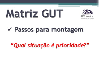 Matriz GUT
 Passos para montagem
“Qual situação é prioridade?”
 