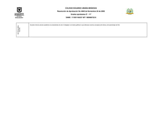 COLEGIO EDUARDO UMAÑA MENDOZA
                                                               Resolución de Aprobación No 4949 de Noviembre 24 de 2005
                                                                                        Grados aprobados 0º - 11º
                                                                               DANE: 111001104337 NIT: 900060722-0



              Durante el tercer periodo académico los estudiantes de ciclo 4 trabajaran con textos gráficos lo que afianzara muchos conceptos del idioma y del aprendizaje de ESL
RETROALIMEN




                                                                                                                      .
   TACIÓN
 