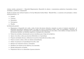 ciencias sociales, psicomotriz ) , Desarrollo Biopsicomotriz, Desarrollo de saberes y conocimientos productivos (matemática, técnica
tecnológica y productiva, computación).
Acorde al contexto socio cultural, basado en el la Ley Educación Avelino Siñani - Elizardo Pérez, se sustenta en los principios y valores
sociocomunitarios y es:
       Integral
       Continua
       Sistemática
       Participativa
       Flexible.
La Evaluación permite:
       Diagnosticar el desarrollo de la niña y niño al inicio del proceso educativo, tomando en cuenta el contexto sociocultual: a)
       Desarrollo socio-afectivo espiritual acorde a la etapa en la que se encuentra la niña y niño, sus necesidades e intereses, sus
       respuestas emocionales y el progreso de su afectividad, las interrelaciones con otros niños y otros adultos, la lengua materna. b)
       Sus procesos mentales, sus funciones cognitivas y el progreso de su desarrollo.
       Valorar los resultados, determinando acciones inmediatas para el logro de los objetivos.
       Apoyar a las niñas y niños que presentan dificultades en el aprendizaje
       Proponer actividades diversas y diferentes de acuerdo al desarrollo de las niñas y niños
       Tomar en cuenta a niñas y niños con talentos extraordinarios.
       Valorar los procesos en el aprendizaje de la niña y niño
       Realizar una evaluación continua y sistemática
       Establecer una relación con los objetivos y los contenidos.
       Brindar información a la familia.
       Preguntarse cómo se va a desarrollar el proceso educativo
 