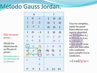 Método Gauss Jordan.
                    1   0    1      1    0     0
                    1   2     2     0    1     0    Una vez completa,
                    2    1   1      0    0     1    repito los pasos
                                                    hasta obtener una
                    1   0     1     1    0     0    matriz identidad
 Elijo mi tercer                                      Y aplico la
                                                    en la columna A y
 pivote…            0    2   -1    -1    1    0       regla del
                                                    la inversa de A en
                    0   -1    3          0    1       cuadrado al
                                                    la columna I…
 Divido los                                           resto de los
                                                    Como puede verse
 elementos de       1    0   -1     1   0      0      elementos…
                                                    aquí aun hace falta
 su fila por el                                     otro cuadrante
 pivote…
                    0    1   -½    -½ ½        0
                                                    para cumplir con la
 Reemplazo por 0
                    0    0   5/2   -5/2 ½      1    condición…
 los elementos de   1        0
 la columna…                                        1-(-1.0)/5/2= 1
                             0
                    0    0   1     -1   1/5   2/5
 