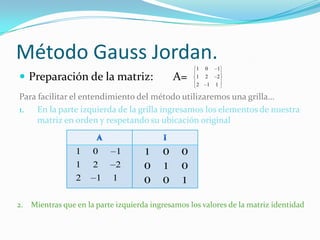 Método Gauss Jordan.
                                                     1   0   1
 Preparación de la matriz:                    A=    1   2   2
                                                     2   1   1

Para facilitar el entendimiento del método utilizaremos una grilla…
1.   En la parte izquierda de la grilla ingresamos los elementos de nuestra
     matriz en orden y respetando su ubicación original


                  1    0     1        1    0     0
                  1    2     2        0    1     0
                  2     1   1         0    0     1

2.   Mientras que en la parte izquierda ingresamos los valores de la matriz identidad
 