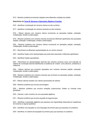 D15 – Resolver problema envolvendo relações entre diferentes unidades de medida.
Descritores do Tema III. Números e Operações /Álgebra e Funções
D16 – Identificar a localização de números inteiros na reta numérica.
D17 – Identificar a localização de números racionais na reta numérica.
D18 – Efetuar cálculos com números inteiros envolvendo as operações (adição, subtração,
multiplicação, divisão e potenciação).
D19 – Resolver problema com números naturais envolvendo diferentes significados das operações
(adição, subtração, multiplicação, divisão e potenciação).
D20 – Resolver problema com números inteiros envolvendo as operações (adição, subtração,
multiplicação, divisão e potenciação).
D21 – Reconhecer as diferentes representações de um número racional.
D22 – Identificar fração como representação que pode estar associada a diferentes significados.
D23 – Identificar frações equivalentes.
D24 – Reconhecer as representações decimais dos números racionais como uma extensão do
sistema de numeração decimal identificando a existência de “ordens” como décimos, centésimos e
milésimos.
D25 – Efetuar cálculos que envolvam operações com números racionais (adição, subtração,
multiplicação, divisão e potenciação).
D26 – Resolver problema com números racionais que envolvam as operações (adição, subtração,
multiplicação, divisão e potenciação).
D27 – Efetuar cálculos simples com valores aproximados de radicais.
D28 – Resolver problema que envolva porcentagem.
D29 – Resolver problema que envolva variações proporcionais, diretas ou inversas entre
grandezas.
D30 – Calcular o valor numérico de uma expressão algébrica.
D31 – Resolver problema que envolva equação de segundo grau.
D32 – Identificar a expressão algébrica que expressa uma regularidade observada em seqüências
de números ou figuras (padrões).
D33 – Identificar uma equação ou uma inequação de primeiro grau que expressa um problema.
D34 – Identificar um sistema de equações do primeiro grau que expressa um problema.
 
