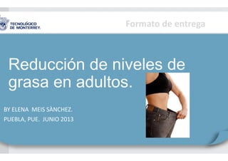 Formato de entrega
Reducción de niveles de
grasa en adultos.
BY ELENA MEIS SÀNCHEZ.
PUEBLA, PUE. JUNIO 2013
 