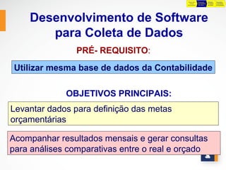 Preparação    Preparação       Definição    Negociação e
                                             da Base      para Definição   Preliminar   Consolidação
                                           Orçamentária    das Metas       das Metas    do Orçamento




    Desenvolvimento de Software
       para Coleta de Dados
                PRÉ- REQUISITO:
 Utilizar mesma base de dados da Contabilidade

             OBJETIVOS PRINCIPAIS:
Levantar dados para definição das metas
orçamentárias

Acompanhar resultados mensais e gerar consultas
para análises comparativas entre o real e orçado
 