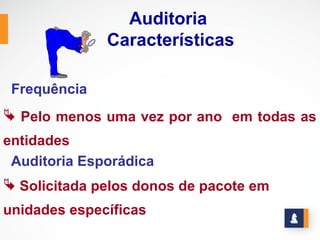 Auditoria
              Características

 Frequência
 Pelo menos uma vez por ano em todas as
entidades
 Auditoria Esporádica
 Solicitada pelos donos de pacote em
unidades específicas
 