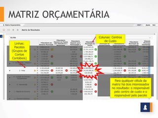 MATRIZ ORÇAMENTÁRIA
Colunas: Centros
de Custo
Linhas:
Pacotes
(Grupos de
Contas
Contábeis)
Para qualquer célula da
matriz há dois interessados
no resultado: o responsável
pelo centro de custo e o
responsável pelo pacote
 