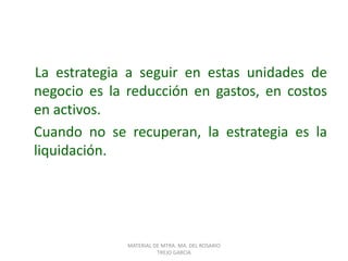 La estrategia a seguir en estas unidades de
negocio es la reducción en gastos, en costos
en activos.
Cuando no se recuperan, la estrategia es la
liquidación.
MATERIAL DE MTRA. MA. DEL ROSARIO
TREJO GARCIA
 