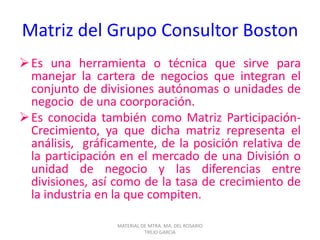 Matriz del Grupo Consultor Boston
Es una herramienta o técnica que sirve para
manejar la cartera de negocios que integran el
conjunto de divisiones autónomas o unidades de
negocio de una coorporación.
Es conocida también como Matriz Participación-
Crecimiento, ya que dicha matriz representa el
análisis, gráficamente, de la posición relativa de
la participación en el mercado de una División o
unidad de negocio y las diferencias entre
divisiones, así como de la tasa de crecimiento de
la industria en la que compiten.
MATERIAL DE MTRA. MA. DEL ROSARIO
TREJO GARCIA
 